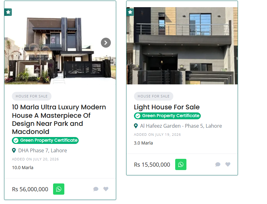 Screenshot from House Bazar: Listings with Green Property Certificate badge displayed