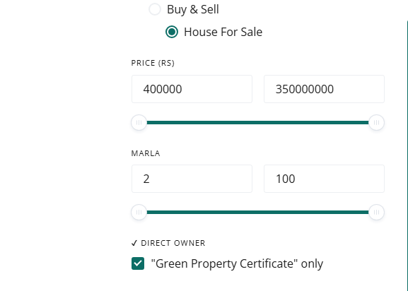 Screenshot from House Bazar: "Green Property Certificate" only filter option in search