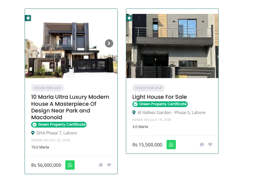 Screenshot from House Bazar: Listing page showing the Green Property Certificate badge next to the title
