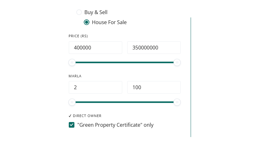 Screenshot from House Bazar: “Green Property Certificate” only filter applied on the Buy and Sell search page