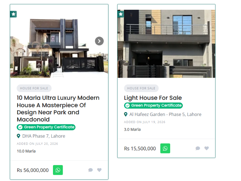 screenshot below showing the properties with "Green Property Certificate" from House Bazar website